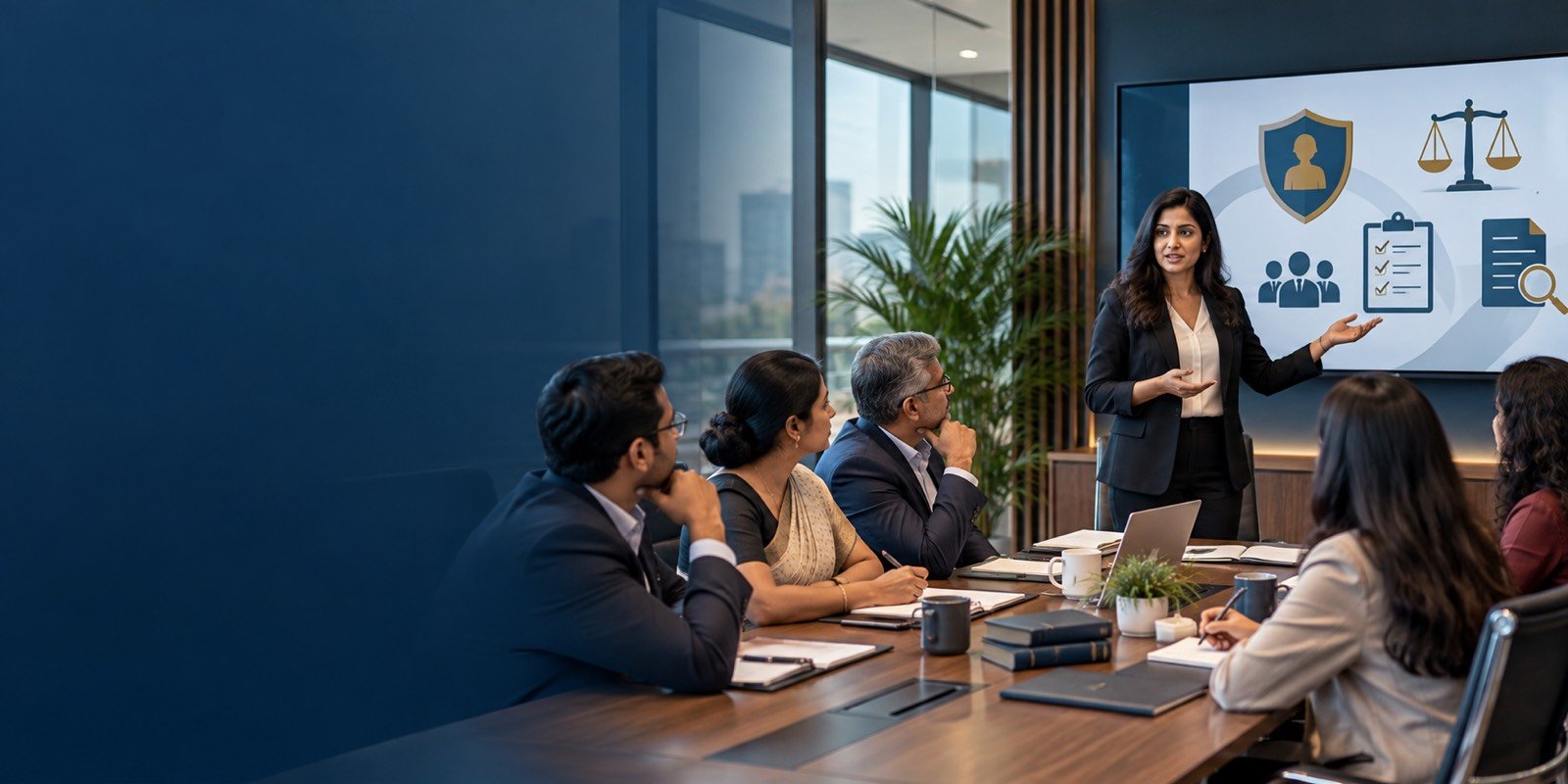 Illustration of a trainer presenting to an Internal Committee seated around a boardroom table, with compliance, inquiry and legal icons on the screen behind her