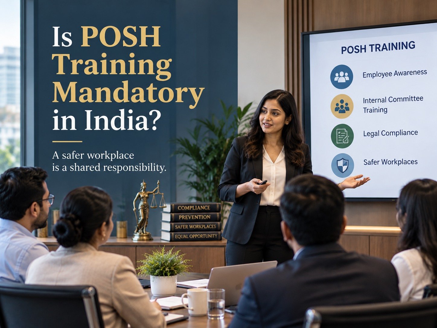 Is POSH Training Mandatory in India? A safer workplace is a shared responsibility. Illustration of a trainer presenting POSH training topics — employee awareness, Internal Committee training, legal compliance and safer workplaces — to colleagues in a boardroom.